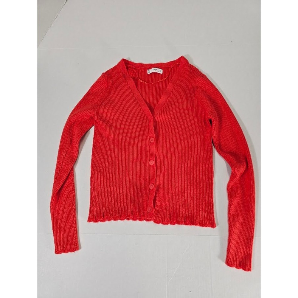 MNG Cayenne Red Ribbed V‎ Neck Button Front Cardigan Sweater Women Large
